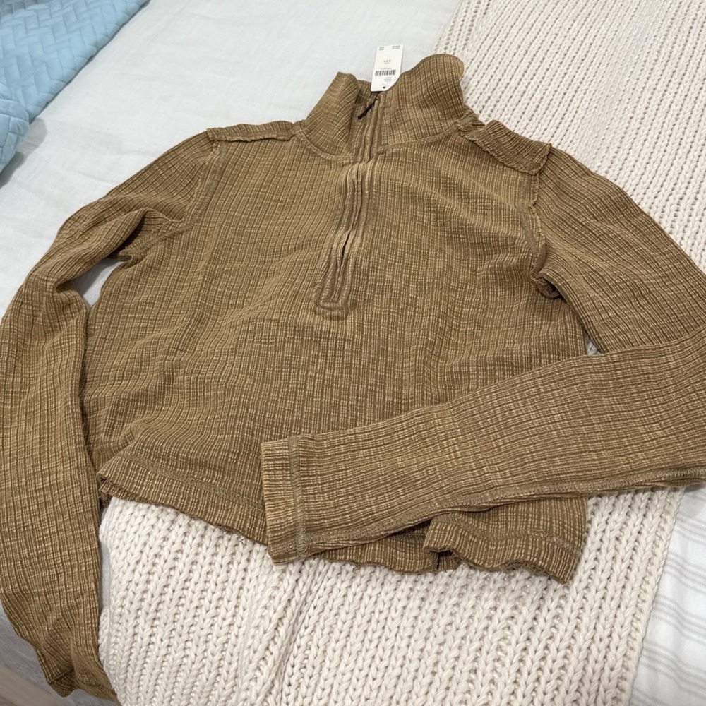 Pilcro Tan Cropped Ribbed Half-Zip Top